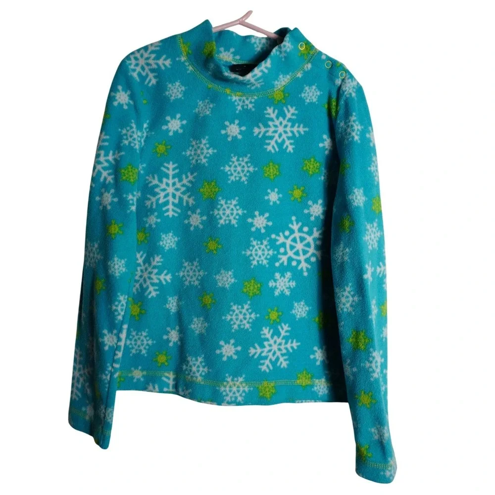Faded Glory Fleece Top Size 8 Winter Snowflake Turquoise Blue Snap Neck